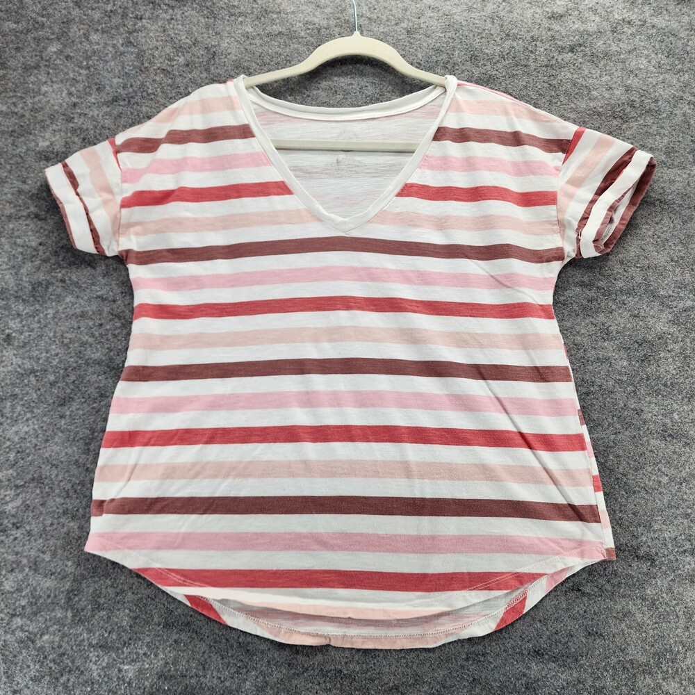 24/7 Maurices Shirt Womens Large Pink Striped Short Sleeve V Neck